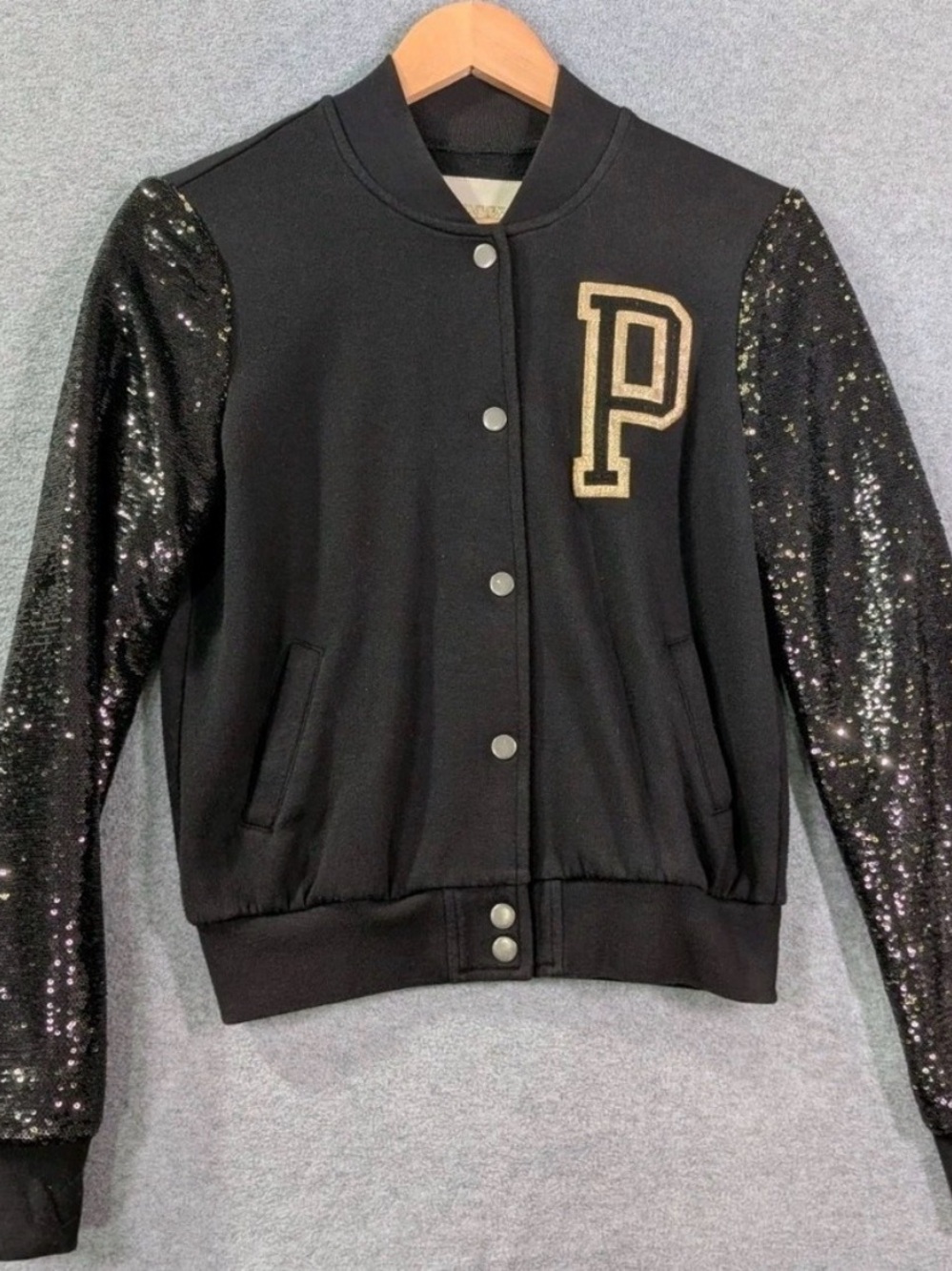 Victoria’s Secret PINK Black & Gold Sequin Varsity Jacket Letterman Bomber